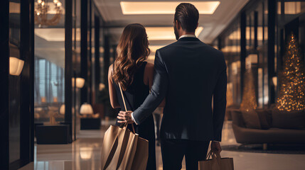 Sticker - luxury couple classy dressed shot from the back holding prominently showing shopping bags in a hotel lobby