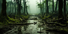 Swamp Forest With A Light Mist. Quagmire In The Spring Green Forest. Generative AI