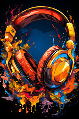 Wall Mural - Pair of headphones with colorful paint splatters.