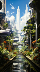 Poster - Image of futuristic city with river running through it.