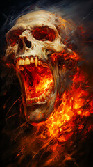 Canvas Print - Skull with its mouth open and flames in the background.