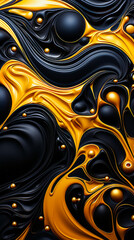 Poster - Abstract black and yellow background with liquid drops and bubbles.