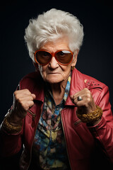 Poster - Woman in red jacket and sunglasses holding gold bracelet.