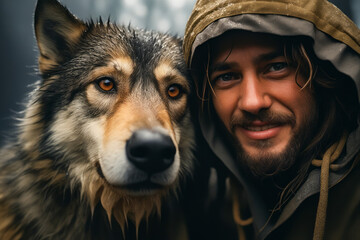 Wall Mural - Man with beard and beard standing next to wolf.