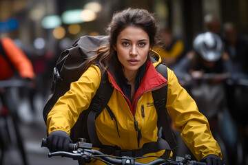 Poster - Woman riding bike down street next to building.