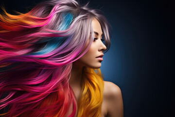 Beauty fashion portrait of a woman with rainbow-dyed hair