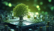 A Tree Flourishing at the Intersection of a Computer Circuit Board Exploring the Concepts of Green Computing, Green Technology, CSR, IT Ethics, and Environmental Sustainability in Technology.