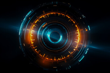 Abstract blue and orange light effect, lens flare. Illuminated digital tunnel, hud element. Hologram on dark technology background. Overlay or screen filter texture. Tech, Sci-Fi, science concept.