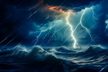 Thunderstorm, Thunder And Lightning. Storm At The Coastline, Stormy Weather With Dramatic Night Sky, Dark Clouds, Lightning Strikes, Rain And High Waves. Natural Disaster Concept.