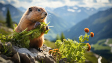 A Marmot Nibbling On A Nutritious Piece Of Vegetation, Surrounded By A Pristine Alpine Landscape In Full Splendor