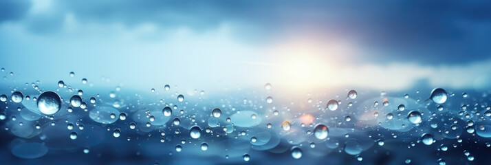 abstract water drops on blue background. Horizontal banner. Copy space for text