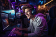 Portrait of a happy male gamer who won an online game at home on a computer