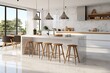 © Irina Mikhailichenko - bright open concept kitchen in white with long counter eating space dining room and large windows. Luxury real estate for sale. Dining room design project