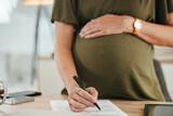 Fototapeta  - Businesswoman, pregnant and writing on document in office for information, maternity leave or insurance with contract. Female person, mother and hand on stomach for comfort, love and caring for baby