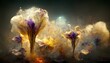 full view of one Iris flower explosion of gassy silk smoke Float flying suspended chaos wind movement psychedelic landscape in background rich warm colors hd unreal engine abstract dramatic lighting 