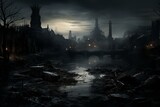 Fototapeta Fototapeta Londyn - Art illustrates a dark cityscape in London, portraying a bleak future. Generative AI