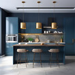 modern kitchen interior navy blue background