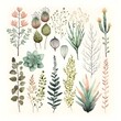 cute plants collection on white background with margins watercolor soft boho colors 