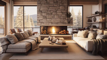 Interior Of A Modern Chalet In The Mountains With A Fireplace And Firewood. Winter Forest Outside The Window.