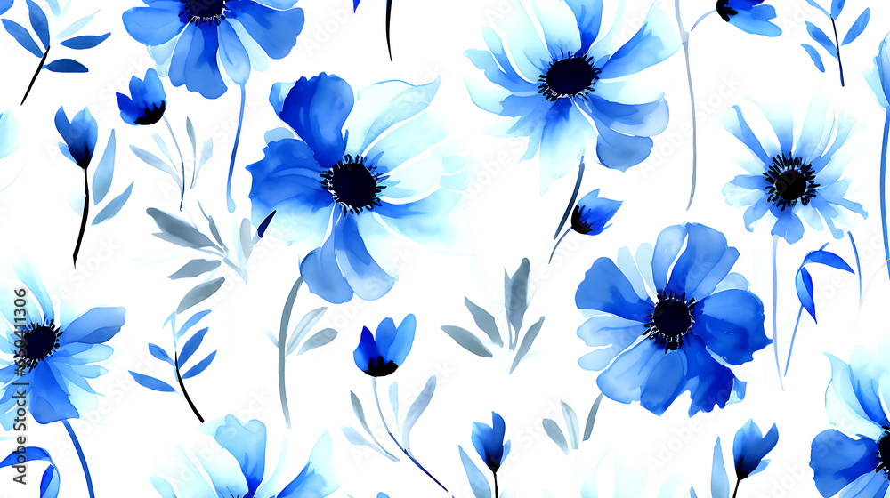 seamless blue floral water color pattern on white background Stock ...