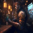 a male biopunk pirate with a biopunk prosthetic arm standing in a biopunk harbor pub volumetric lighting unreal engine artstation 8k ulrahigh definition photorealistic hyper detailed 