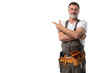 © opolja - portrait of mature happy handyman presenting something isolated on transparent background