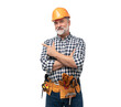 © opolja - portrait of mature happy handyman presenting something isolated on transparent background