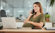 © Malambo C/peopleimages.com - Phone call, office laptop and professional pregnant woman reading online research, project feedback or website data. Admin career, pregnancy consultation and maternity worker chat with contact