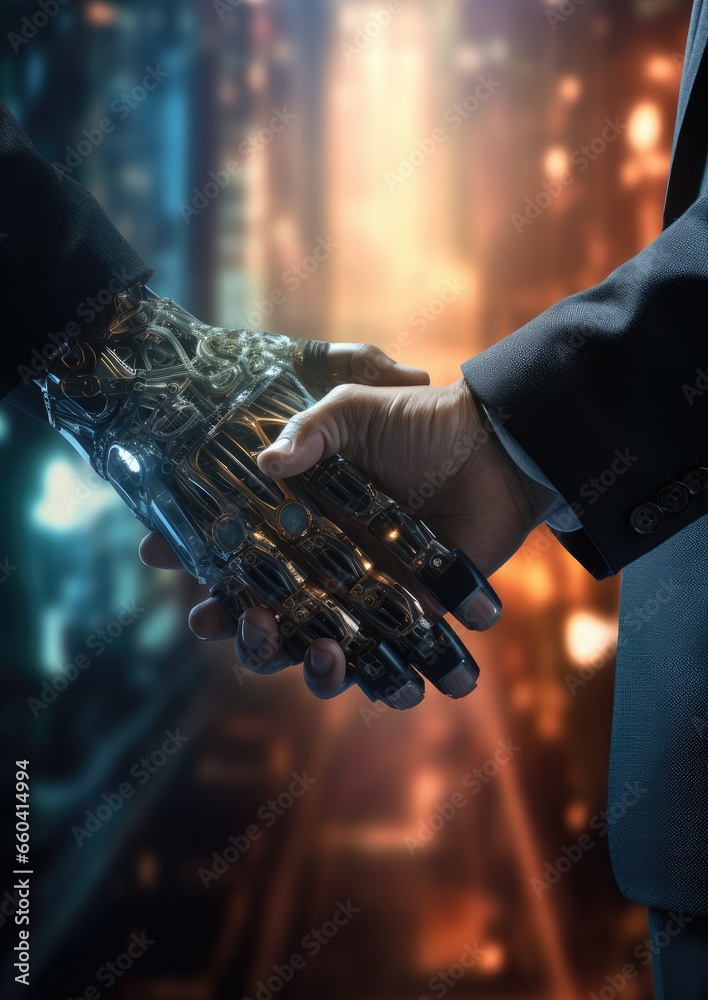 Businessperson human hand And robot are shaking hands office meeting ...