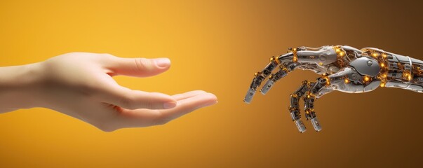 Robot and human touch. Simplifying life with artificial intelligence banner panorama. Generative Ai.