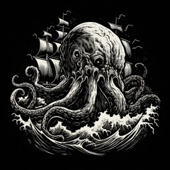 Wall Mural - Kraken logo, black and white, AI generated Image