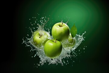 Sticker - green apple in splashing water with dark green background