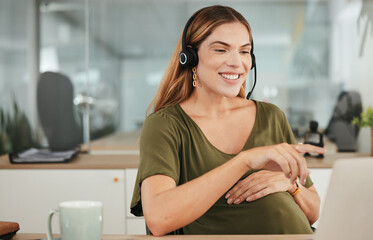 Poster - Laptop, smile and a pregnant woman in a call center for customer service or support with a headset. Tech, pointing and pregnancy with a happy young business employee in the workplace as a mother