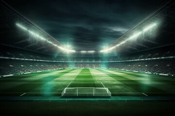 Bright soccer stadium with a green field illuminated by spotlights. Generative AI