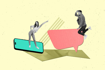 Aufkleber - Photo collage artwork of couple communicating online send sms smartphone app correspondence phone display isolated on green background