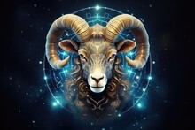 Zodiac Sign Of Aries Head With Magic Light In Star Wheel , Horoscope. Generative Ai.