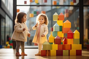 Kids playing with colorful toy blocks. Little girls building tower of block toys. Educational and creative toys and games for young children. Baby in bedroom with rainbow bricks. Child at home.