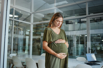 Wall Mural - Worker, thinking or pregnant stomach in office break in breathing meditation in company workplace. Belly, woman or mom in pregnancy in career, work and job with peace, affection and care for baby