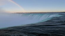 Landscape View Of The Horseshoe Falls With Rainbow In The Sky In Niagara Falls, Ontario, Canada