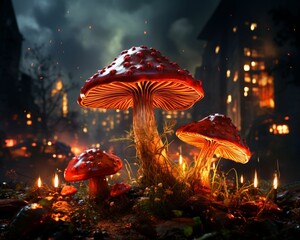 Sticker - AI generated illustration of mushrooms illuminated by the evening light in a lush forest setting