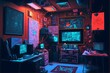 a futuristic cyberpunk room filled with advanced technology and a nod to meme culture The space is inspired by the surreal and whimsical world of Alice in Wonderland with a hint of the dark and 