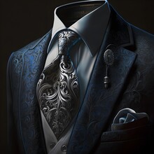Mens Suit Midnight Black White Undershirt Formal Attire Blue And Silver Paisley Tie Silver Buttons Photo Realism Realism 4k 