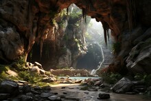 Highly Realistic 3D Rendering Depicting A Cave. Generative AI