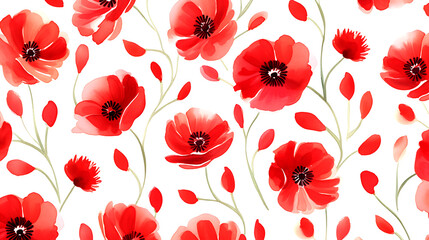 seamless red floral water color pattern on white background