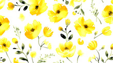 Seamless Yellow Floral Water Color Pattern On White Background