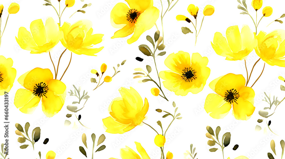 seamless yellow floral water color pattern on white background Stock ...