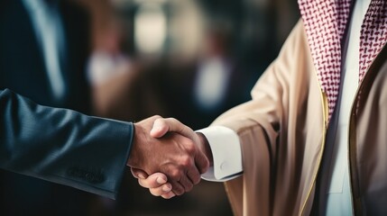 Wall Mural - Arab businessman shakes hands with Russian businessman