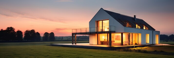 Wall Mural - house with tranquil rural life. sunset in meadow golden hour in countryside. summer evening. picture