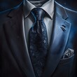 mens suit midnight blue black undershirt formal attire blue and silver paisley tie silver buttons shaped like stars photo realism realism 4k 