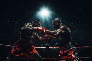 Two male boxers fighting with gloves in a boxing ring. Generative AI